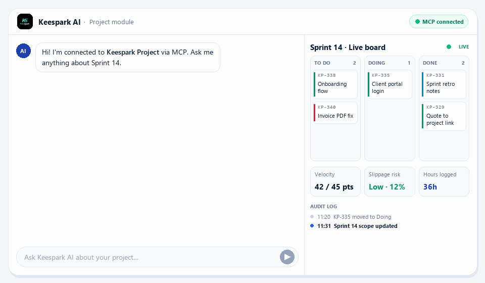 Live animation of AI assistant using Keespark MCP tools to query Sprint 14, create bug ticket KP-342, move to In Progress, and log hours