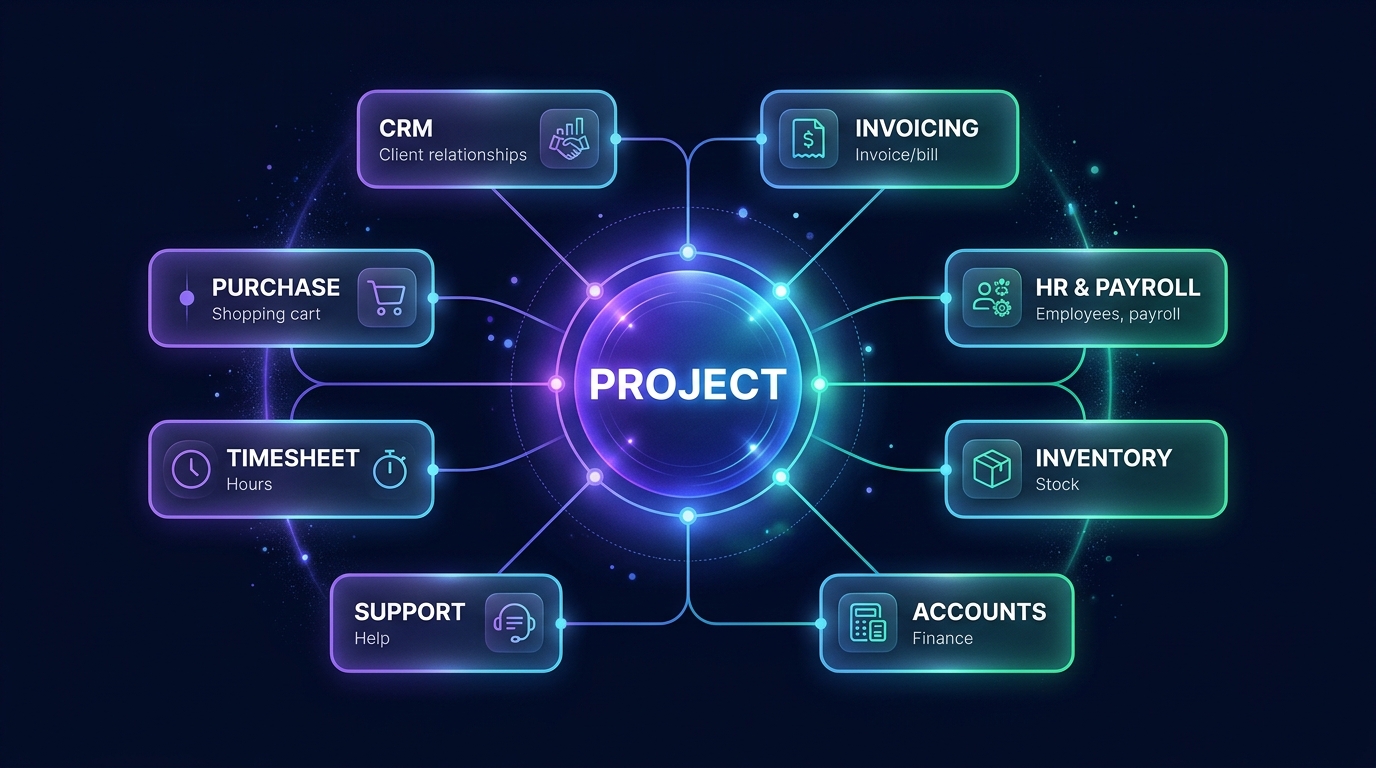 Keespark Project connected to CRM, Invoicing, HR and Payroll, Inventory, Accounts, Support, Purchase and Timesheet modules