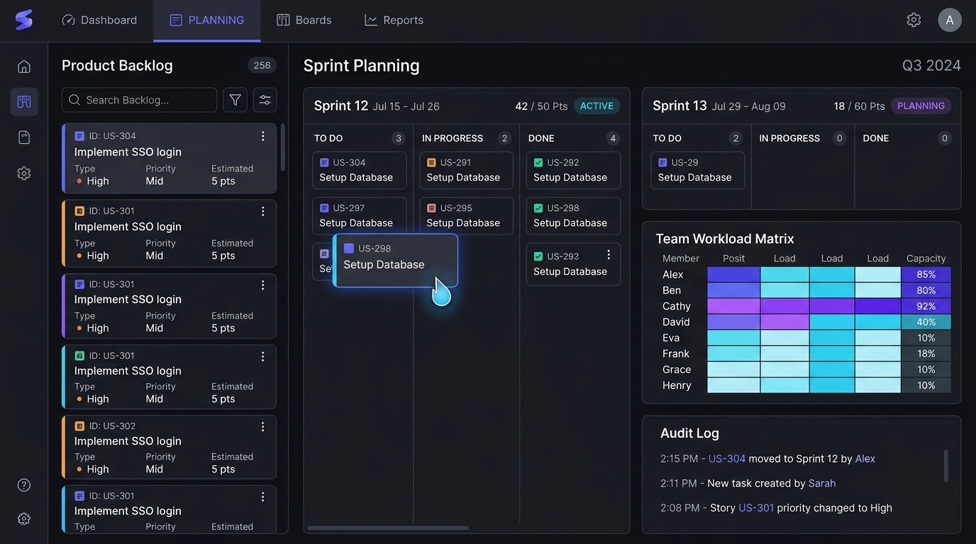Keespark Project sprint planning with backlog list, sprint lanes, workload matrix and audit log (illustrative)